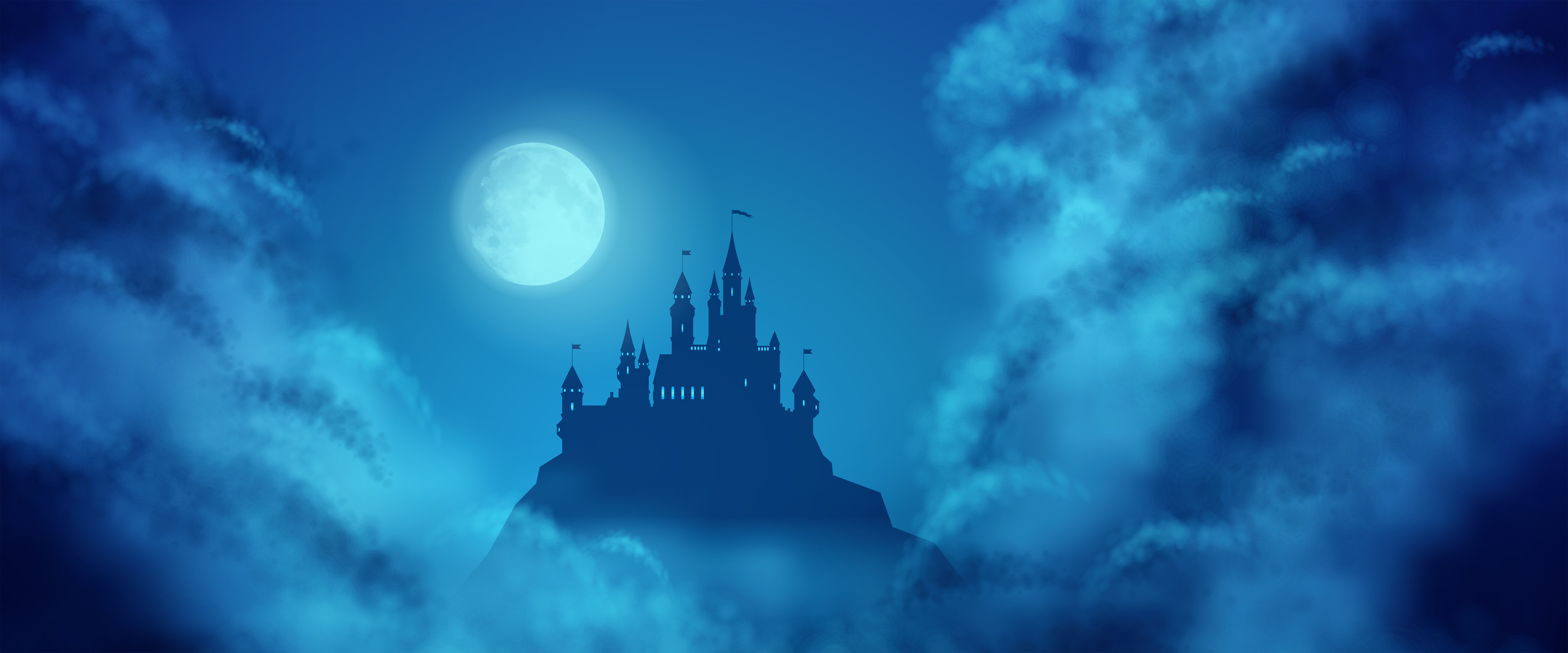 Castle vector image with clouds and moon